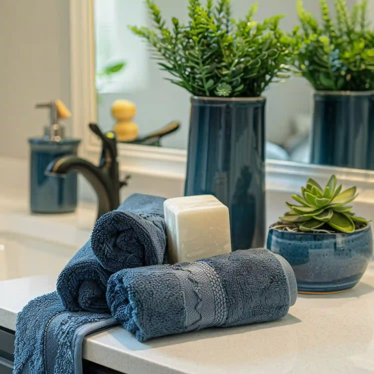 Flat-lay of holiday bathroom basics — a candle, warm-white bulb, faux eucalyptus, and folded festive hand towels