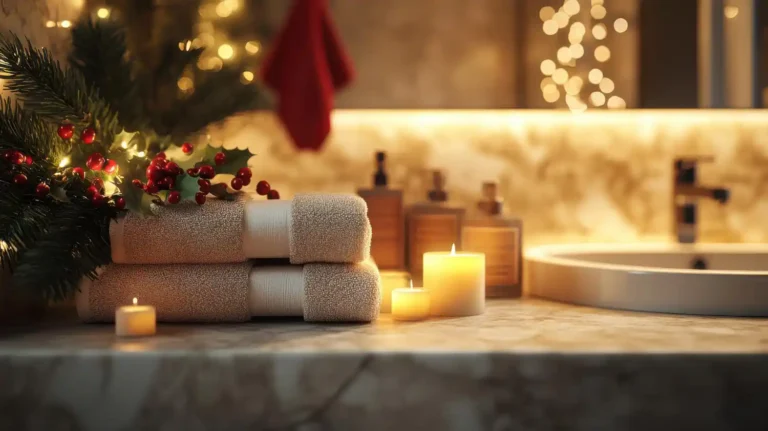 Warm, softly lit holiday bathroom with a scented candle, eucalyptus sprig, and green plaid hand towels on the vanity
