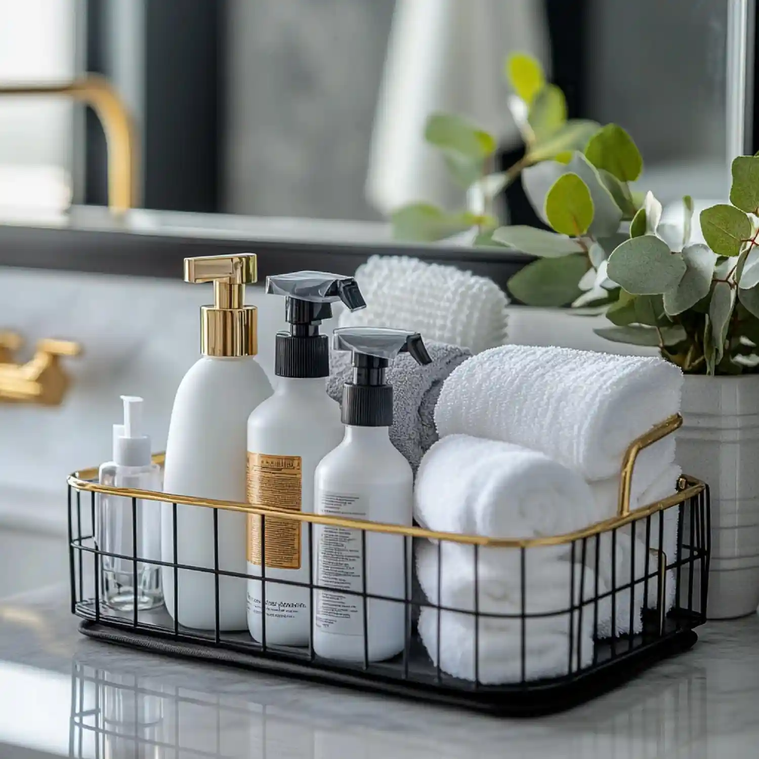 Christmas bathroom decor done with restraint — a brass tray, soap, candle, and greenery on a warm neutral vanity