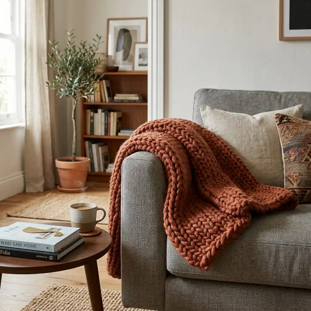 Chunky knit throw in clay tone draped across the arm of a grey sofa