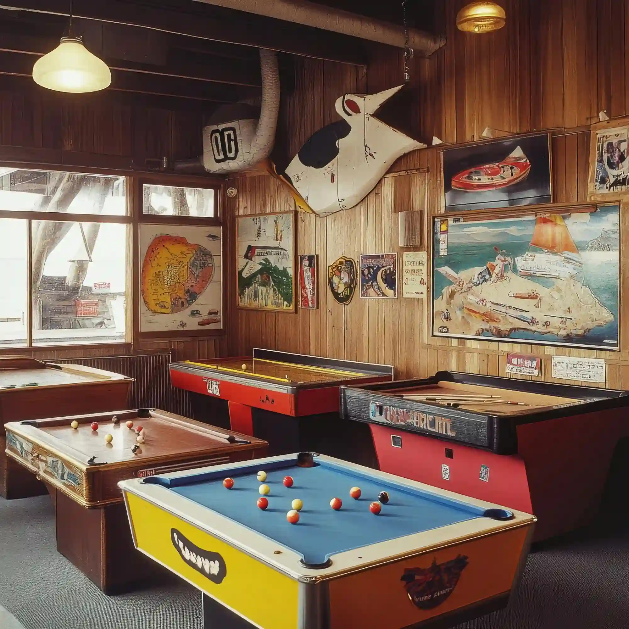 Classic billiards lounge with a walnut 8-foot pool table, hunter-green felt, and cognac leather rail seating