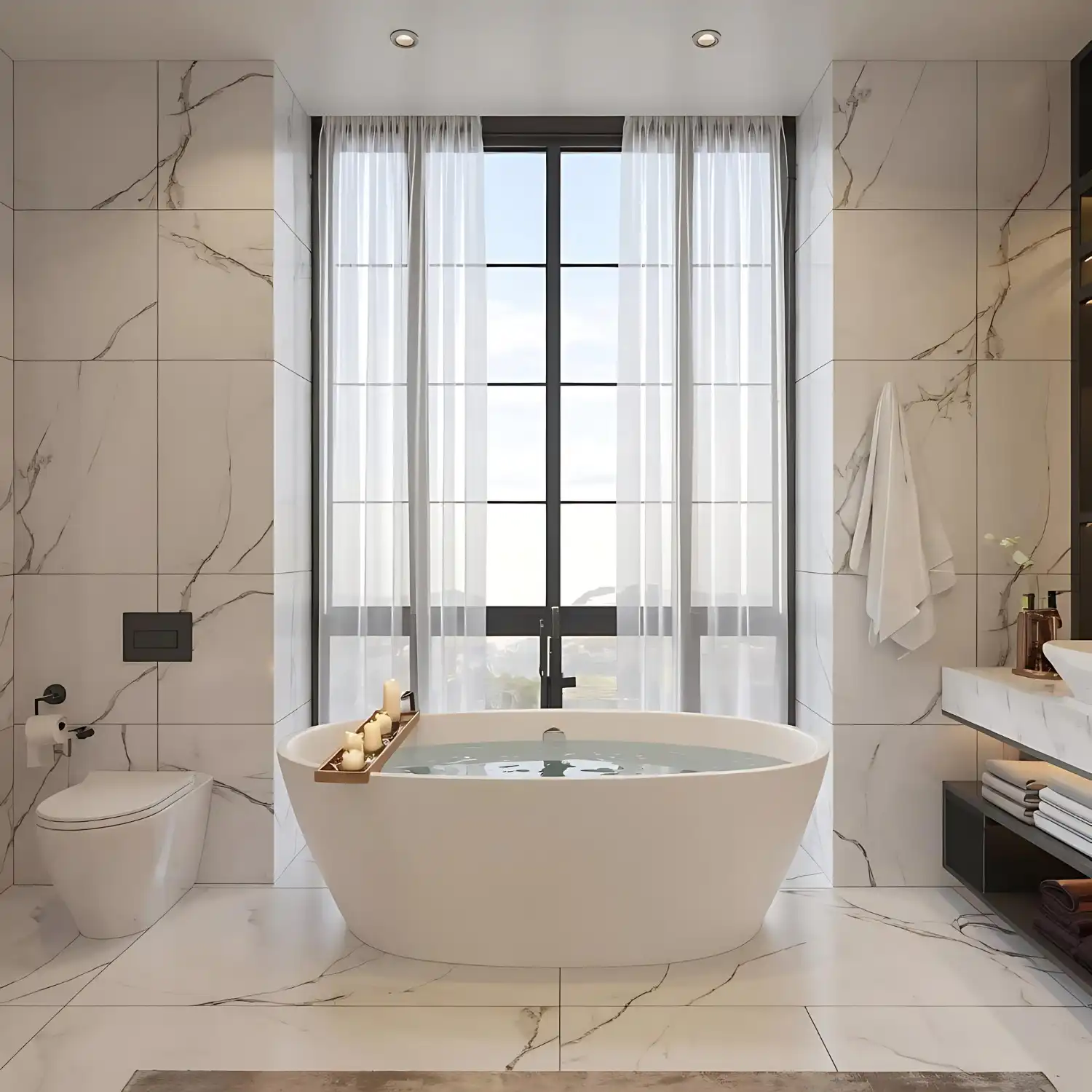 Classic white subway tile wall with light grout in a bright bathroom