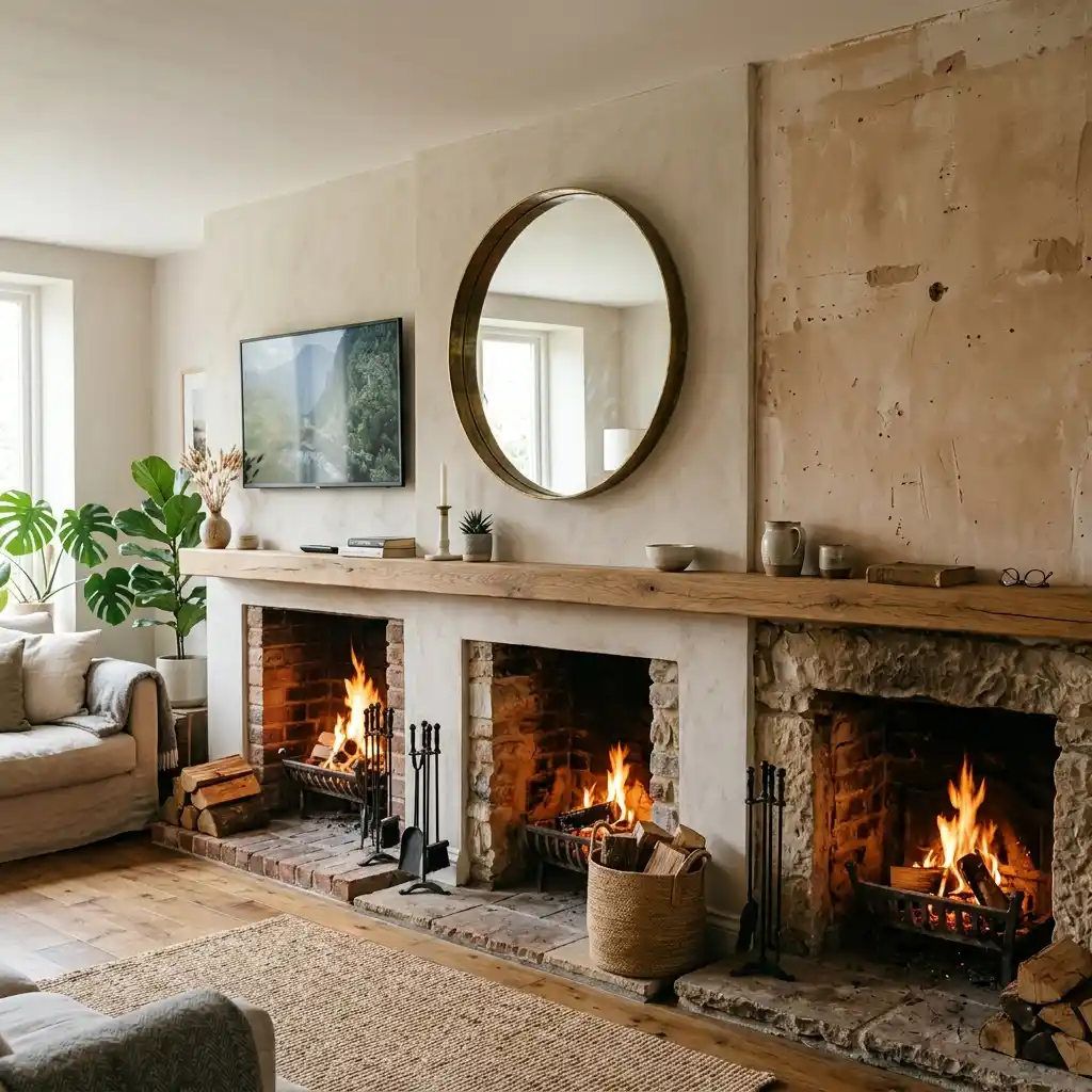 Three fireplace walls compared along one long beam mantel, one under a television, one under a round mirror and one under bare plaster
