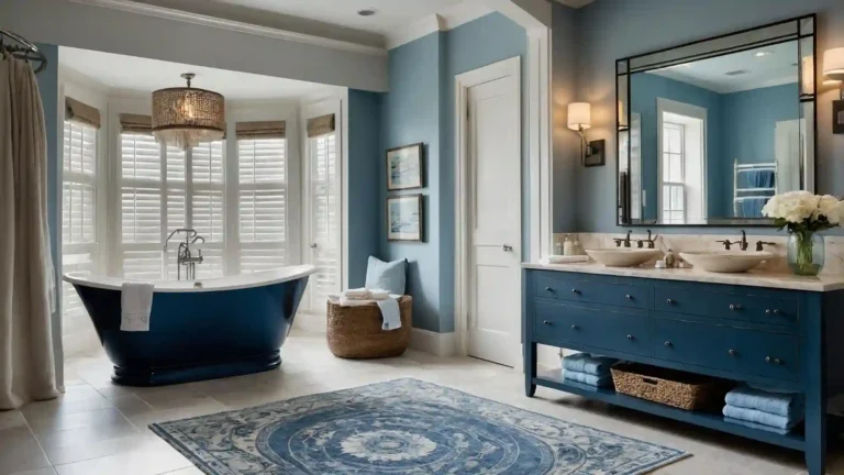 Bright coastal bathroom with soft white walls, driftwood vanity, and a washed-blue accent