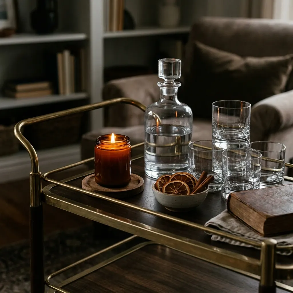 Dark roast coffee candle on a walnut desk corner with a mug, notebook, and warm desk lamp