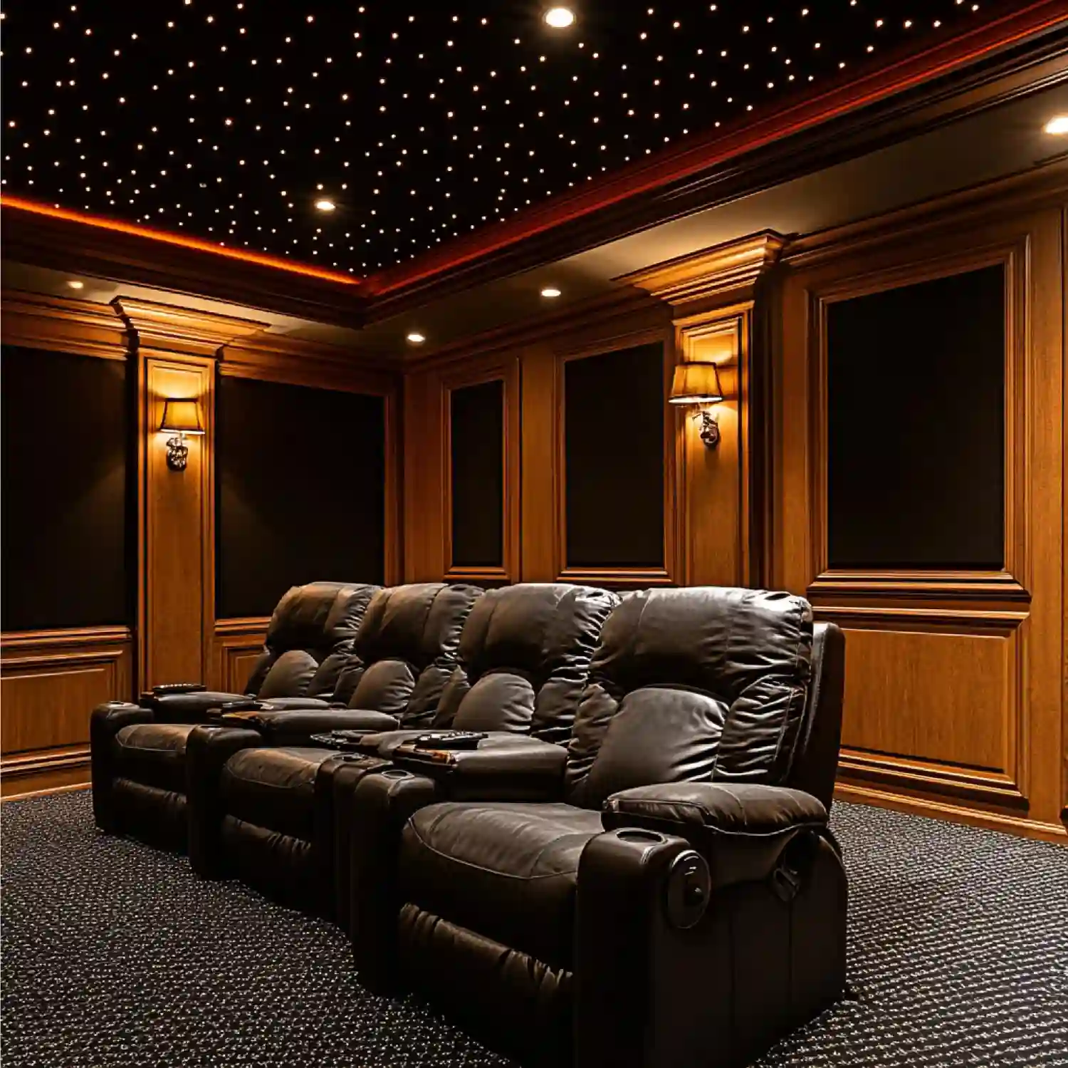 Cognac leather club chairs paired with a dark wood coffee table in a man cave lounge