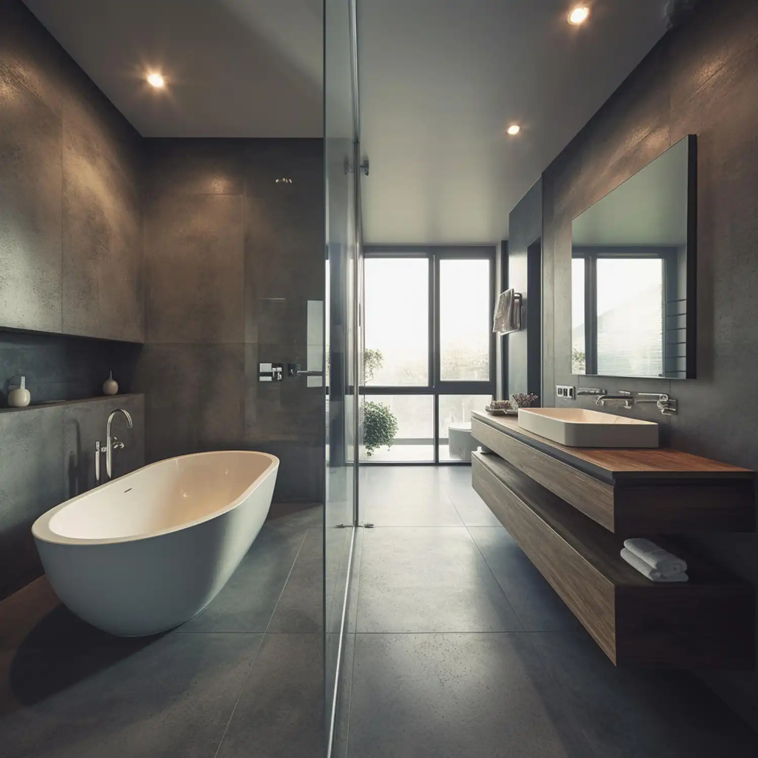 Side-by-side cool clinical gray bathroom next to a warmed gray bathroom with wood and brass