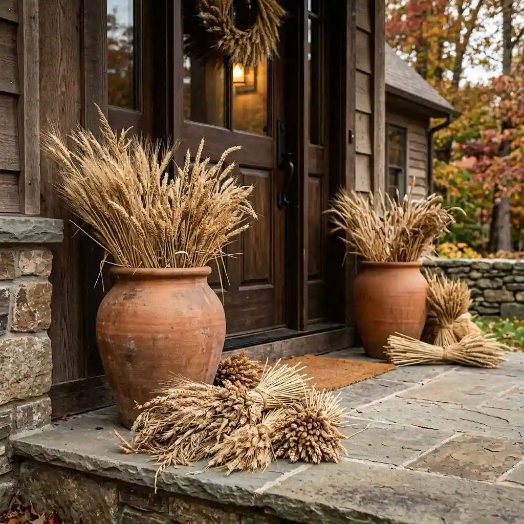 Autumn porch committed to one dried material story with wheat bundles and terracotta urns only
