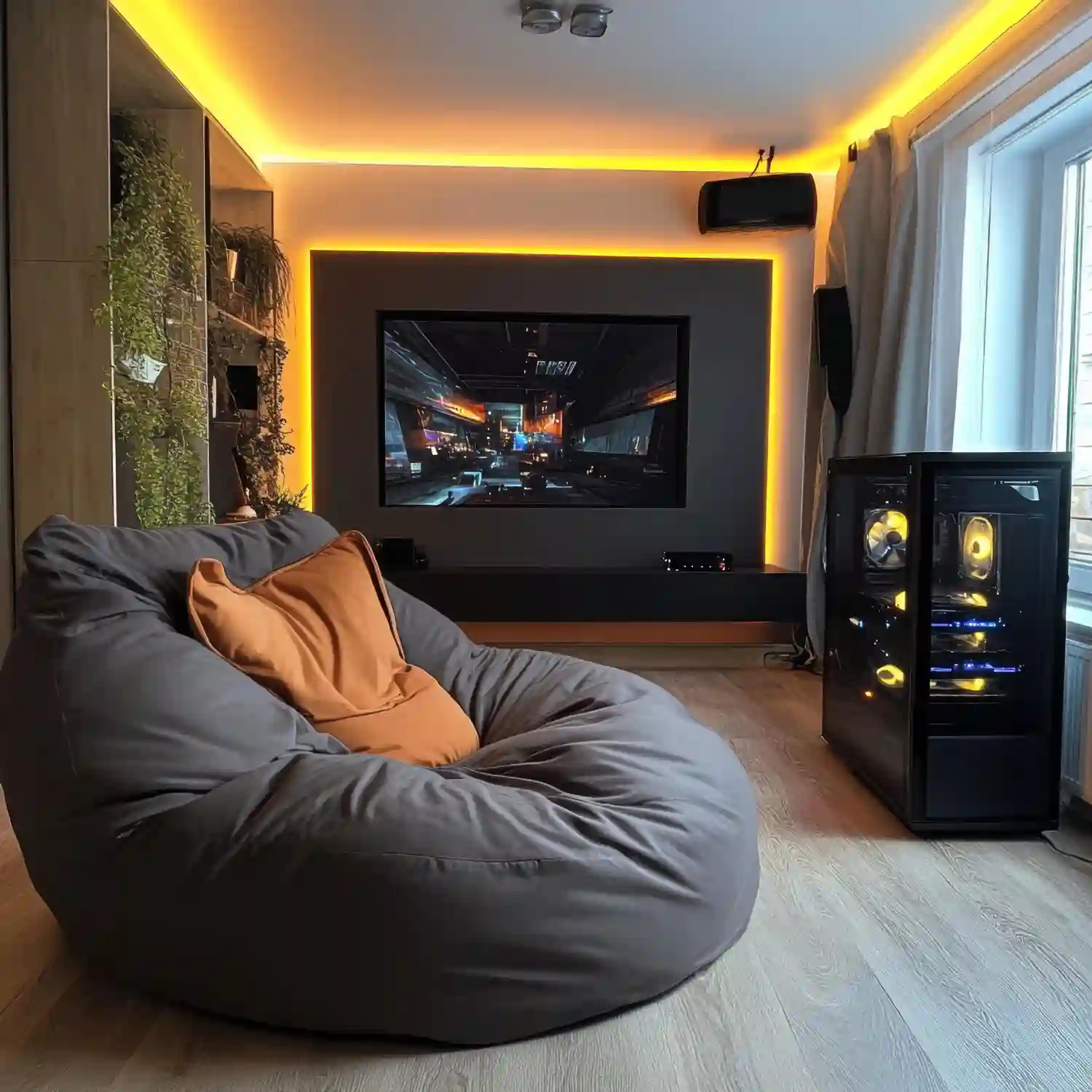 Compact TV den with slate wall, pale oak console, olive loveseat, soundbar, low-pile rug, and shaded lamps