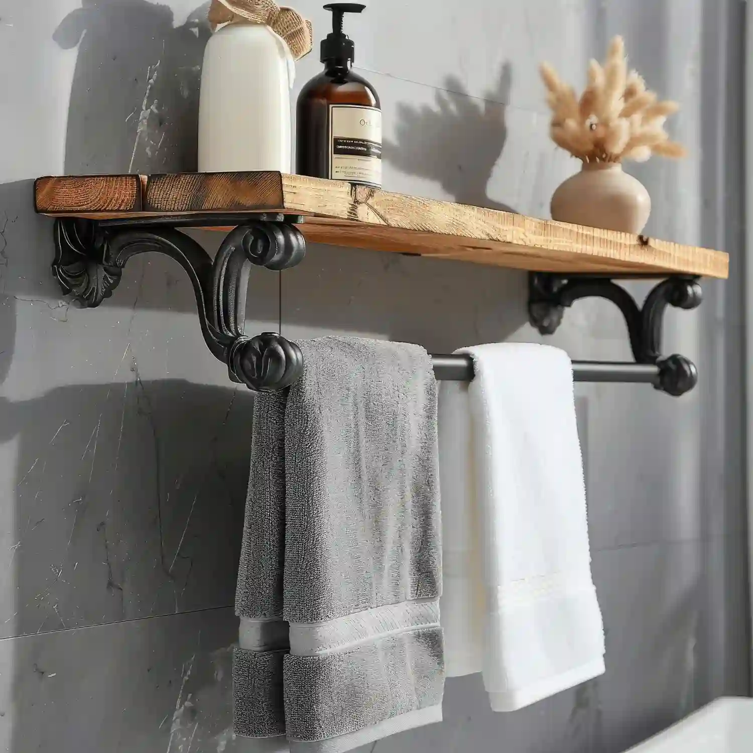 Coordinated bathroom hardware suite of bar, ring, hook, and holder all in one brass finish