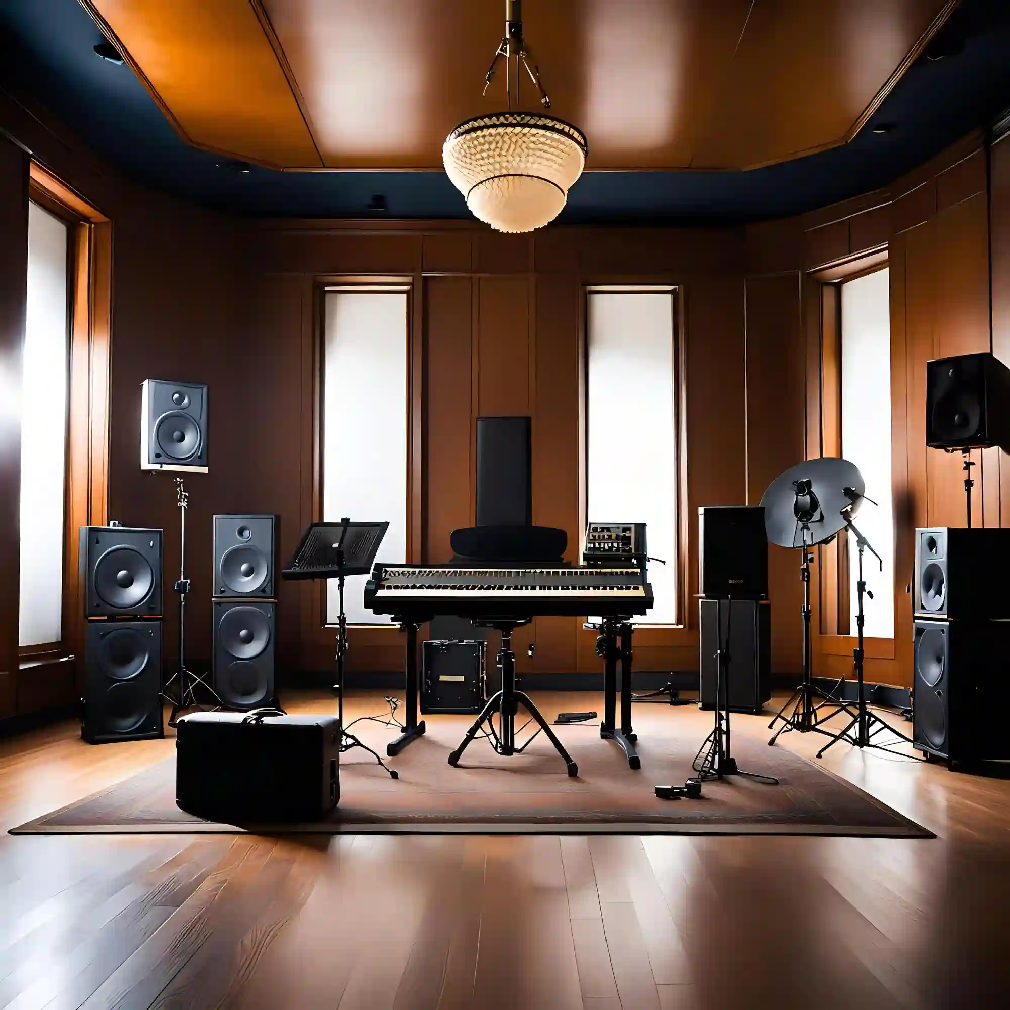 Charcoal corner bass traps beside a cognac leather armchair and brass floor lamp in a home studio