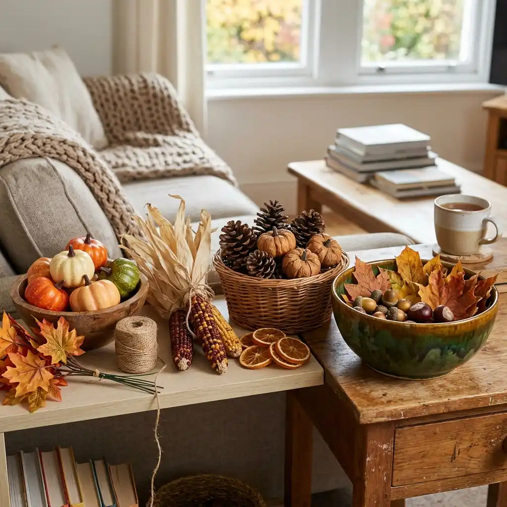 Budget fall decor pieces grouped by material, from cheap foam gourds to a glazed ceramic bowl