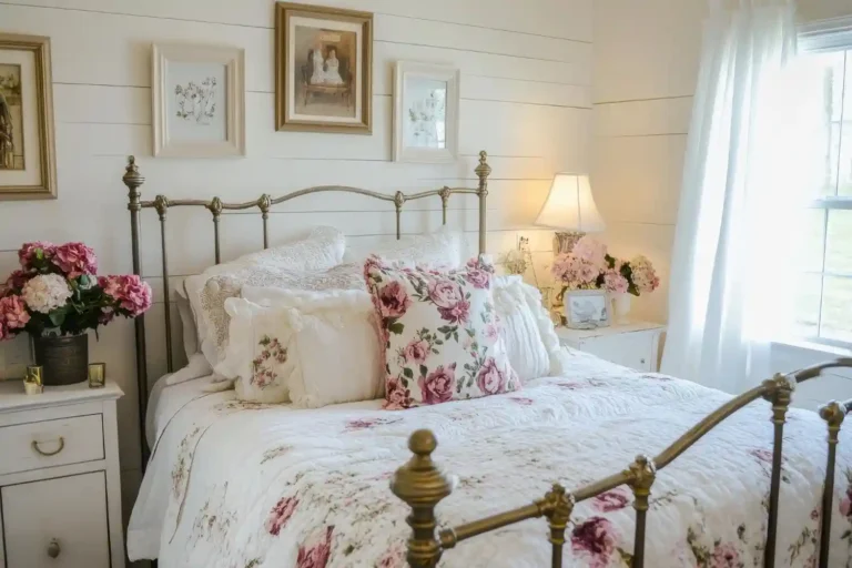 Romantic cottagecore bedroom with ornate iron bed, vintage rose wallpaper, layered linen bedding, and warm amber lamp glow