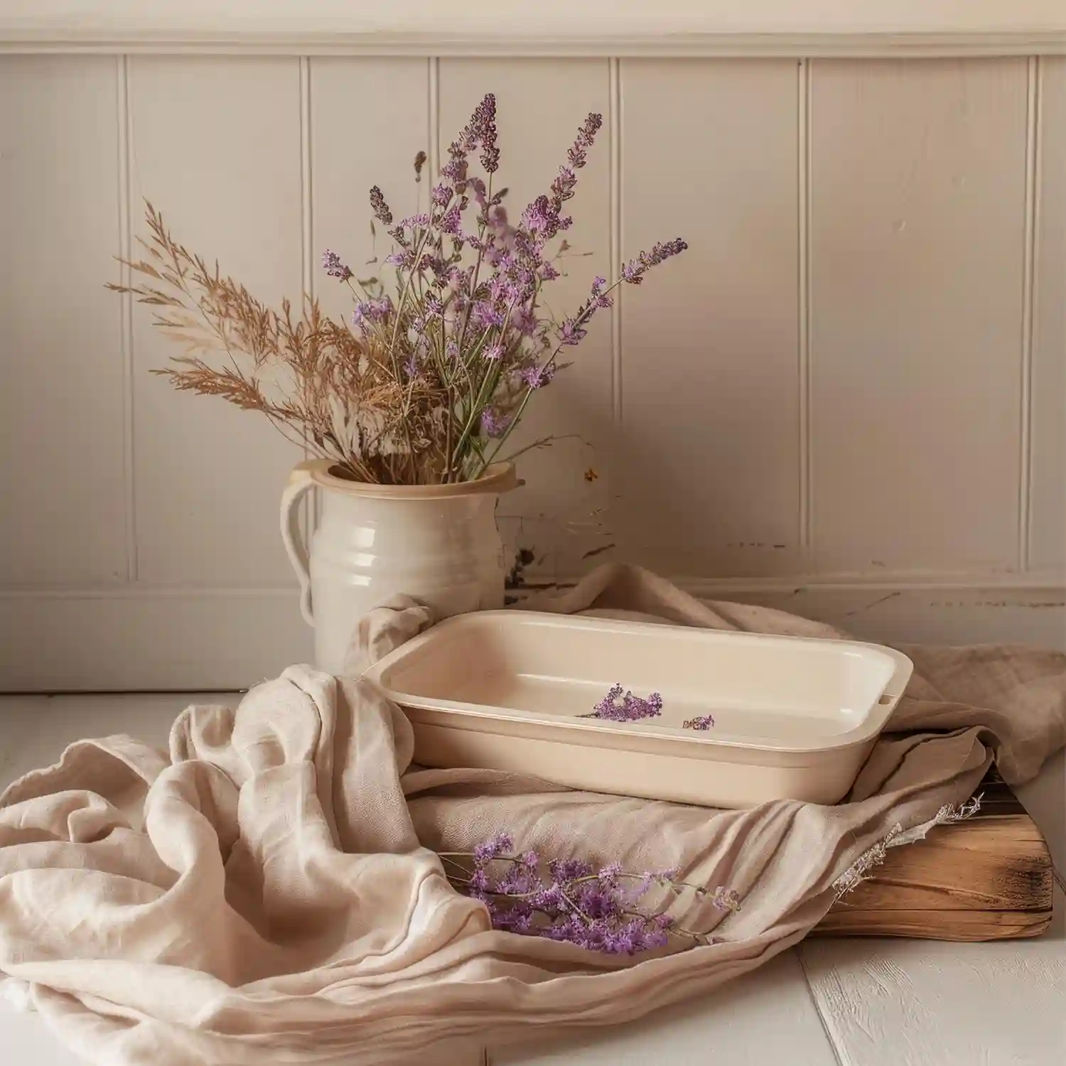 Dried lavender bunches, roses in antique glass jars, and pampas grass in a wicker basket styled on a vintage bedroom dresser