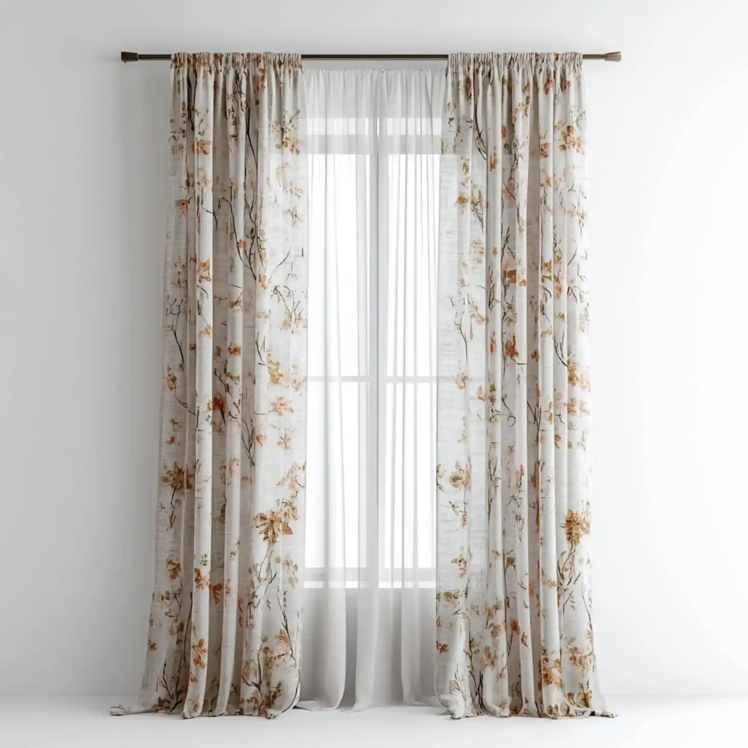 Floor-length sheer linen curtains with floral border hung high and wide in a cottagecore bedroom with blush tones