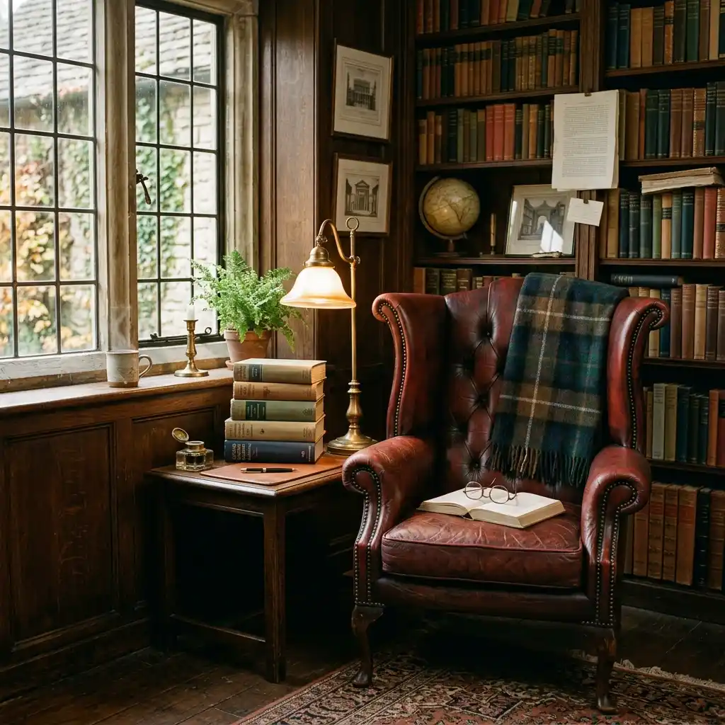 Dark academia study corner with an oxblood leather wingback chair, a tartan throw, floor-to-ceiling antique books, a globe and an aged brass lamp