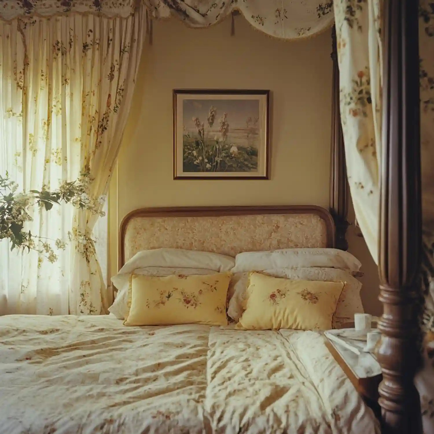 Antique brass four-poster bed frame with ornate scrollwork in a soft floral bedroom with cream linen bedding