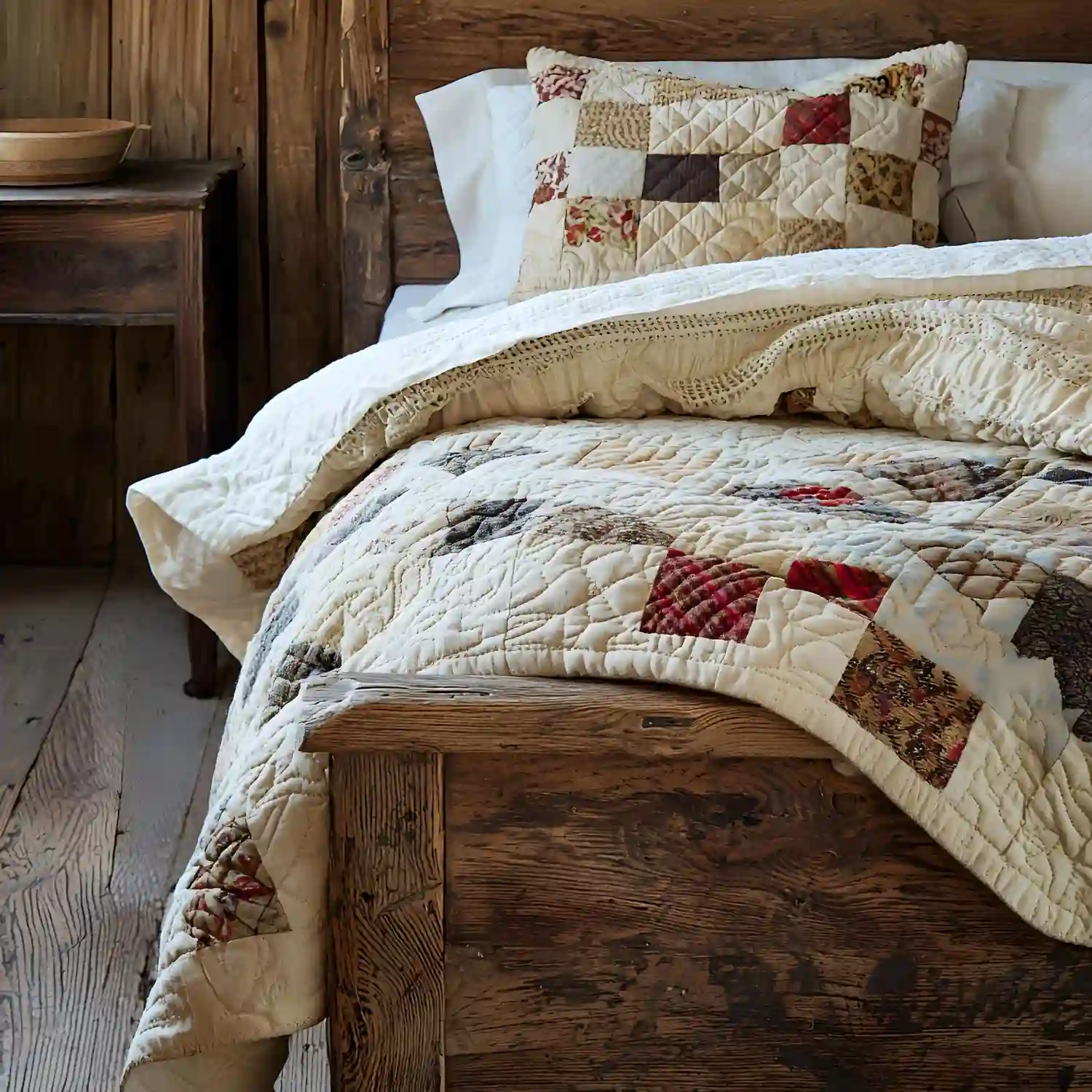 Layered cottagecore bedroom ideas bed with washed cream linen duvet, vintage quilt at foot, and embroidered euro shams