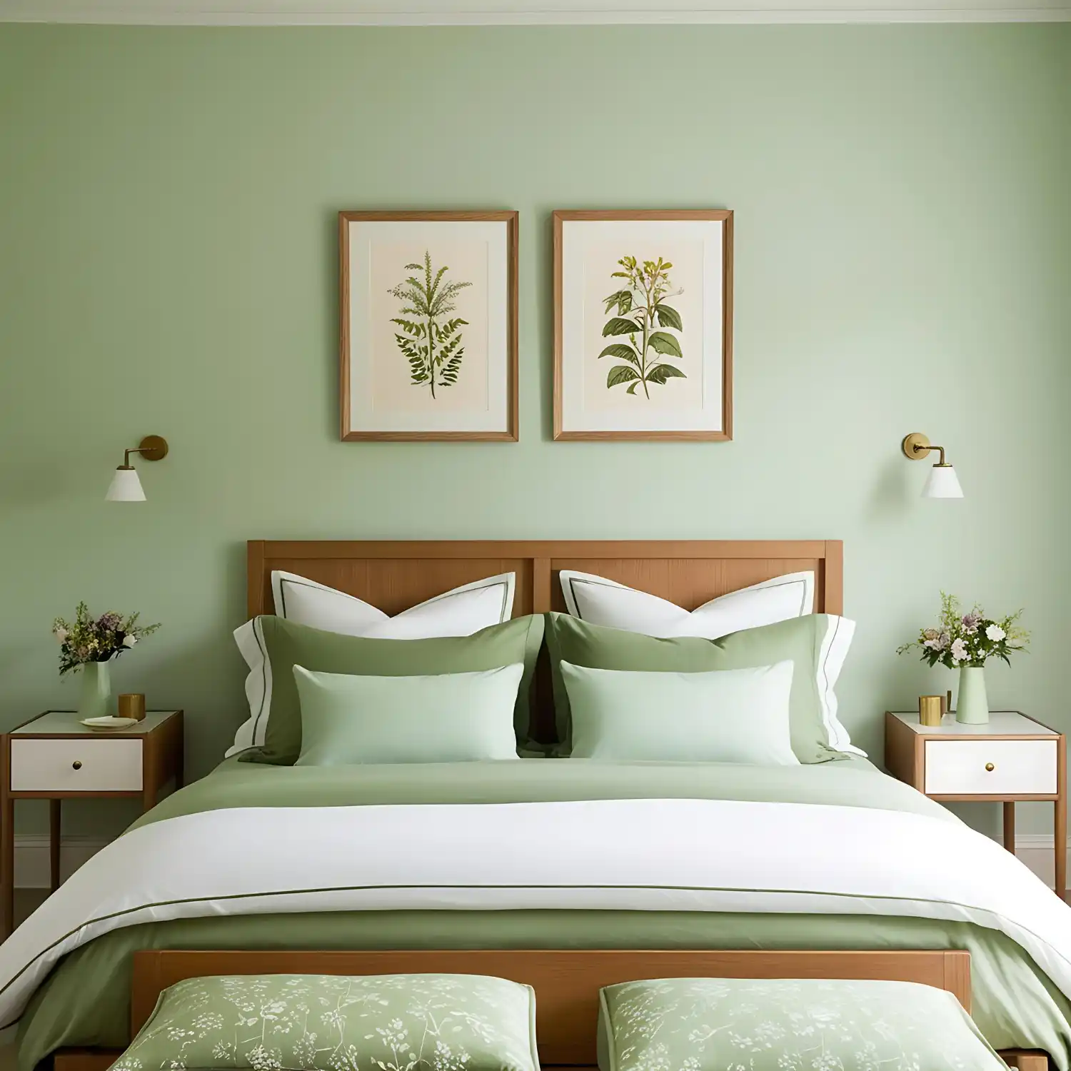 Bedroom with soft sage green walls, cream linen curtains, warm oak furniture, and aged brass hardware in natural light