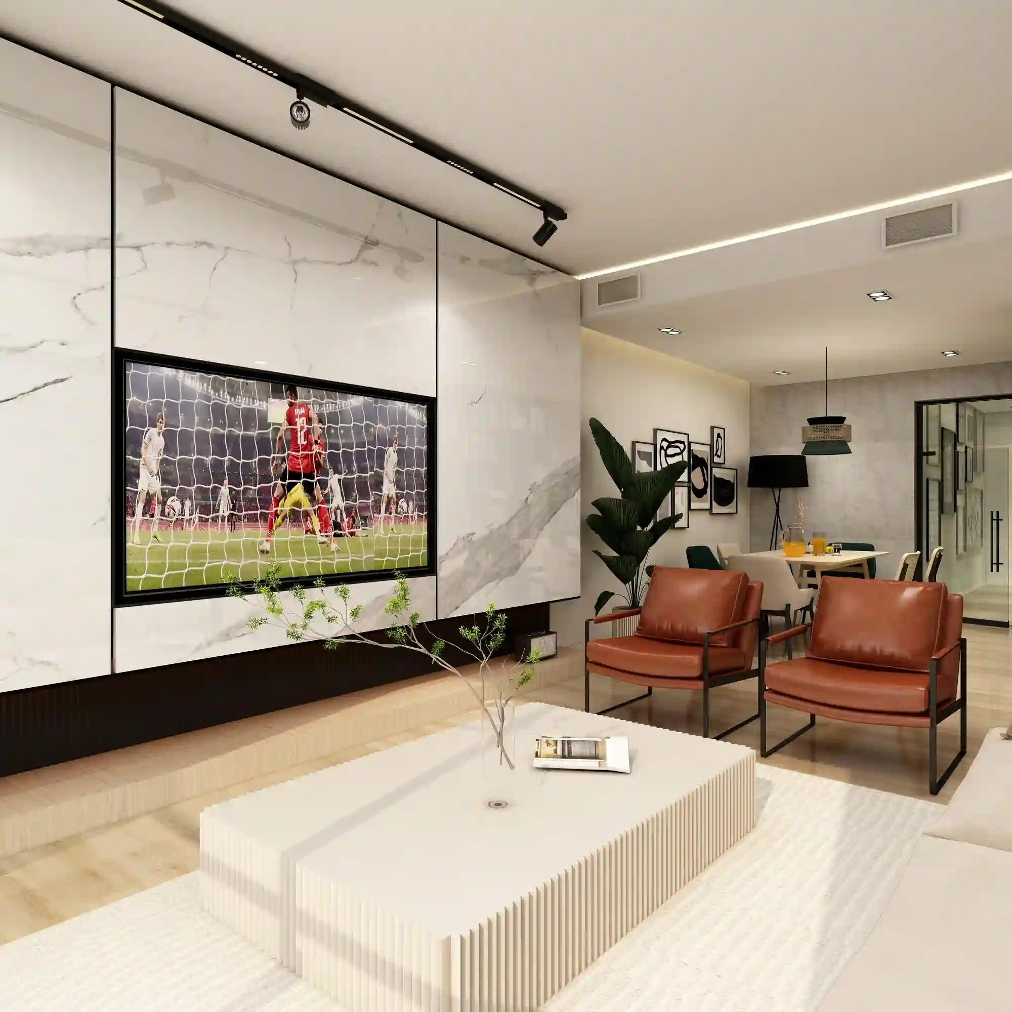 Covered sports patio with charcoal sectional, teak table, rust cushions, team display, and shaded outdoor television