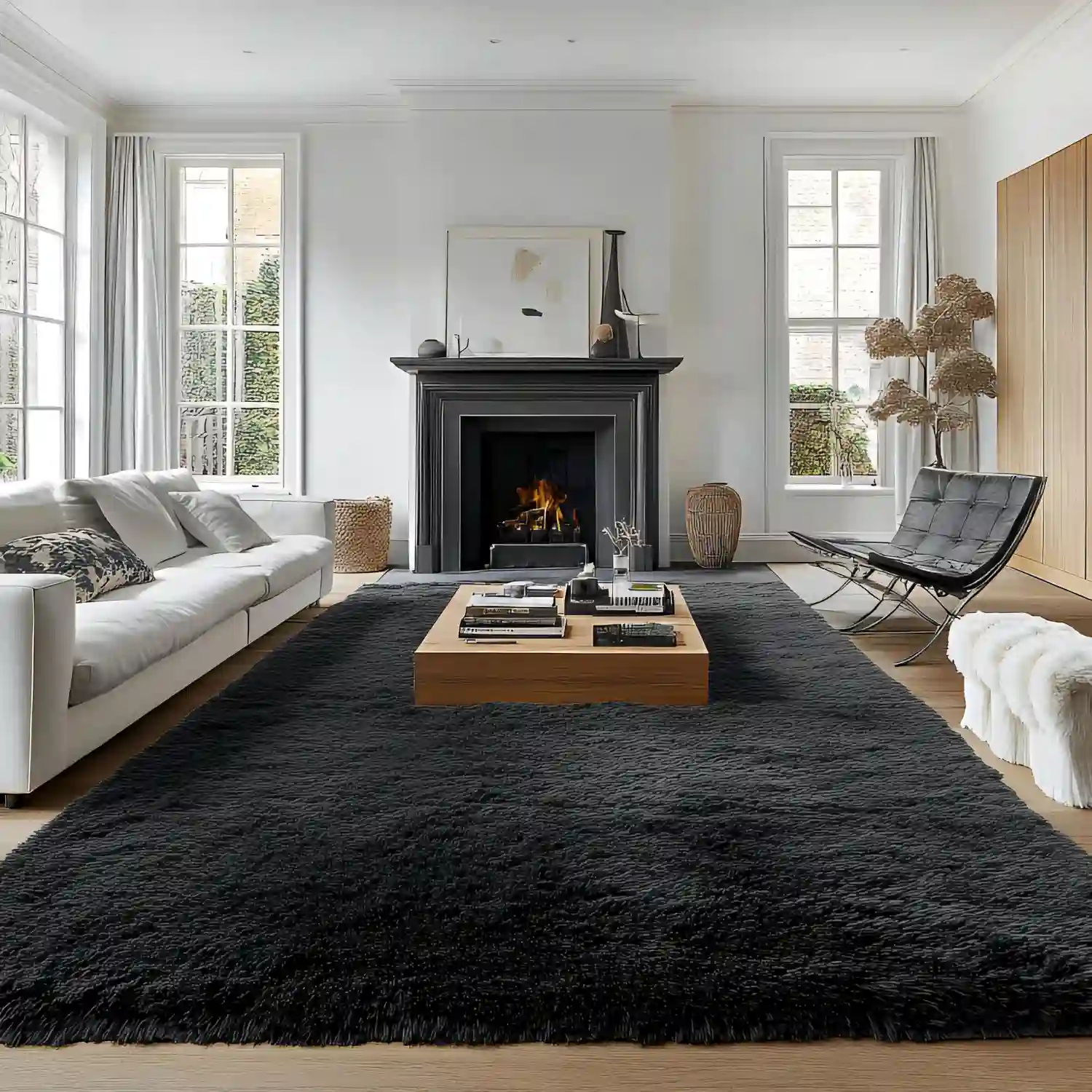 Brown and white cowhide rug layered under leather seating in a Southwestern-style room