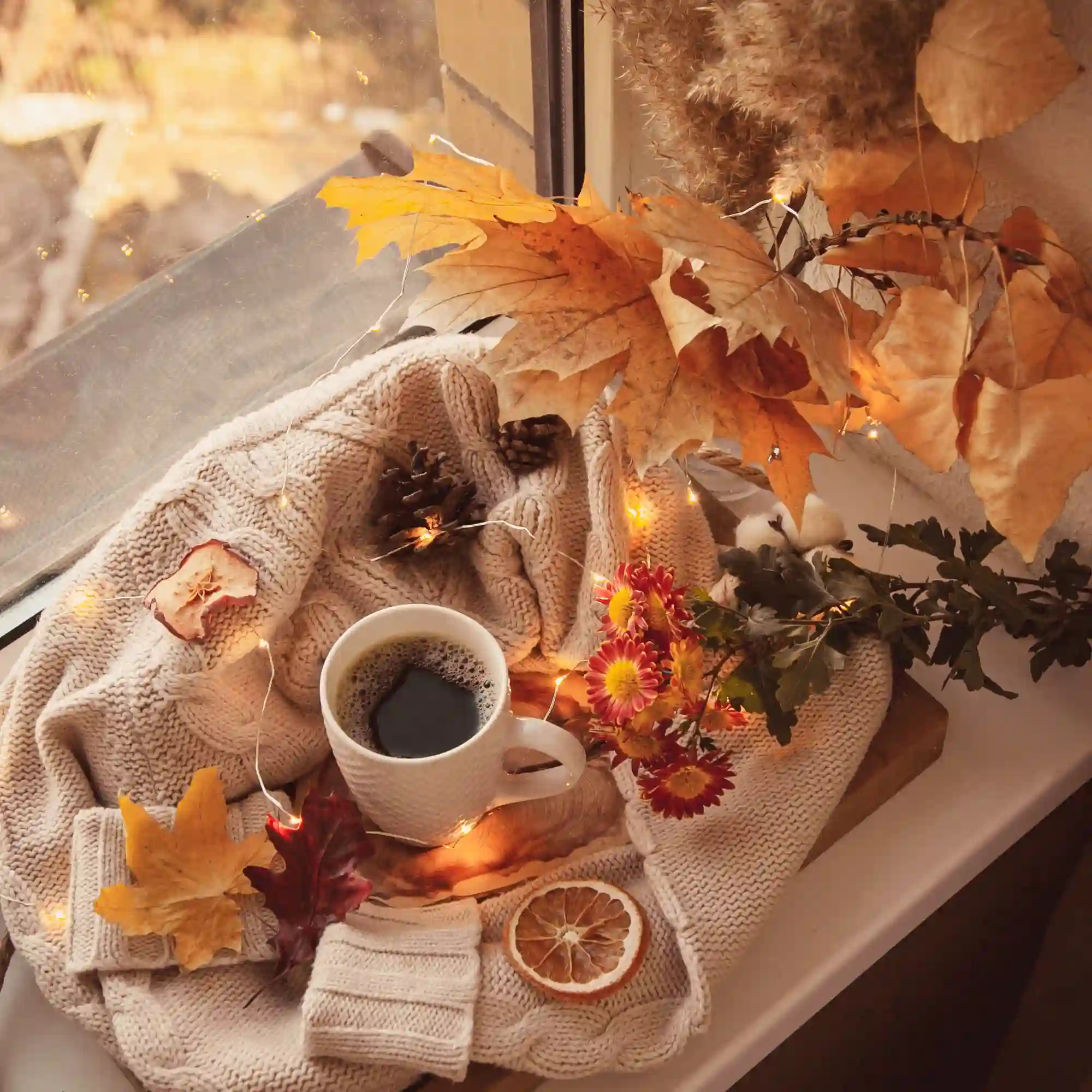 Cozy fall aesthetic corner with linen armchair, knit blanket, clay vase of dried wheat and warm lamplight