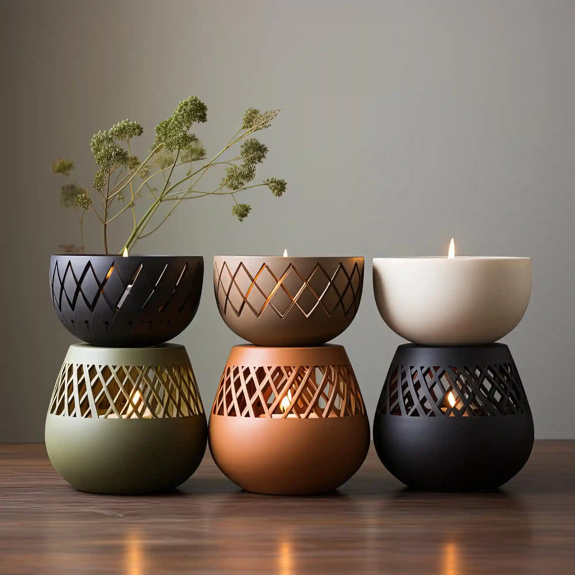 Styled console table with three warm tones, a clay bowl, dried grasses and a small brass lamp