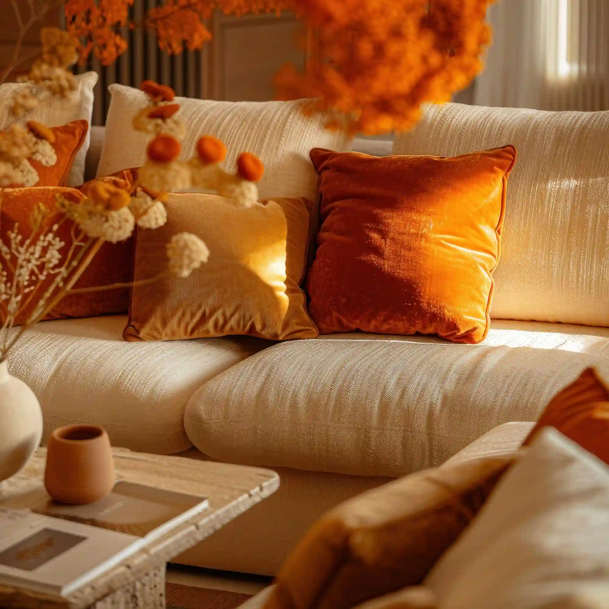 Living room in muted clay, warm cream and soft olive with oak furniture and linen curtains
