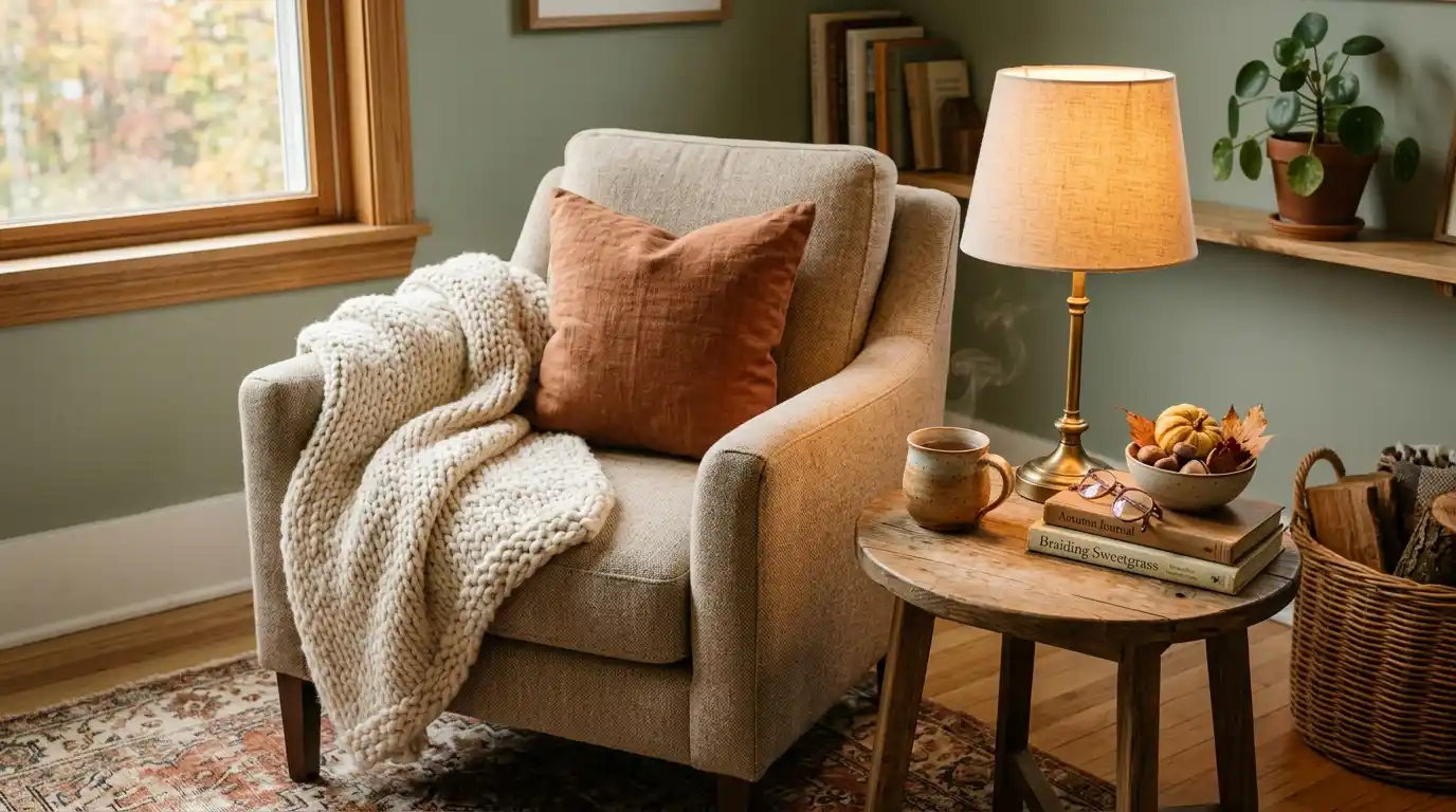 Armchair corner styled for autumn with a cream wool throw, warm lamp glow, and a small round side table
