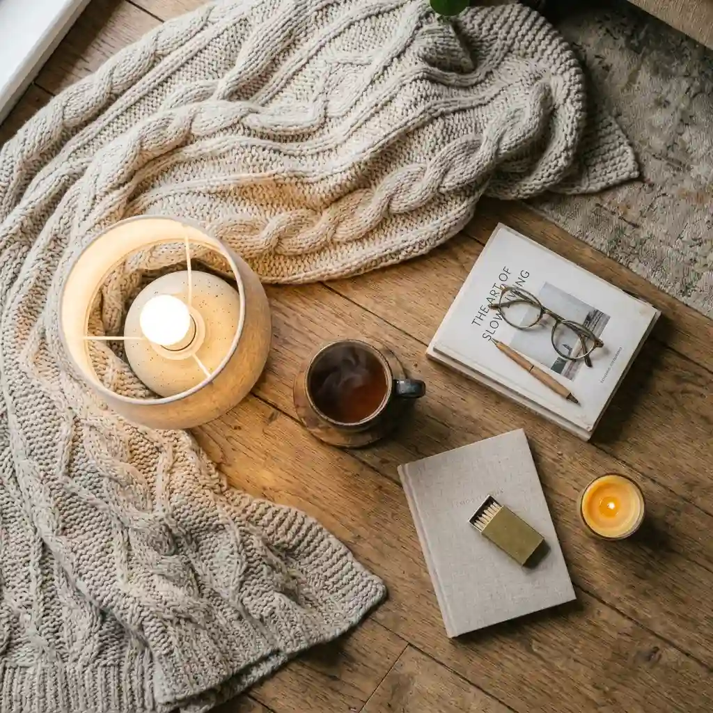 Flat lay of cozy corner essentials including a knit throw, warm-white bulb, stoneware mug, and small lamp