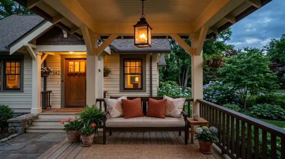 Covered front porch at dusk with a lit lantern, a cushioned bench, and cream and rust throw pillows