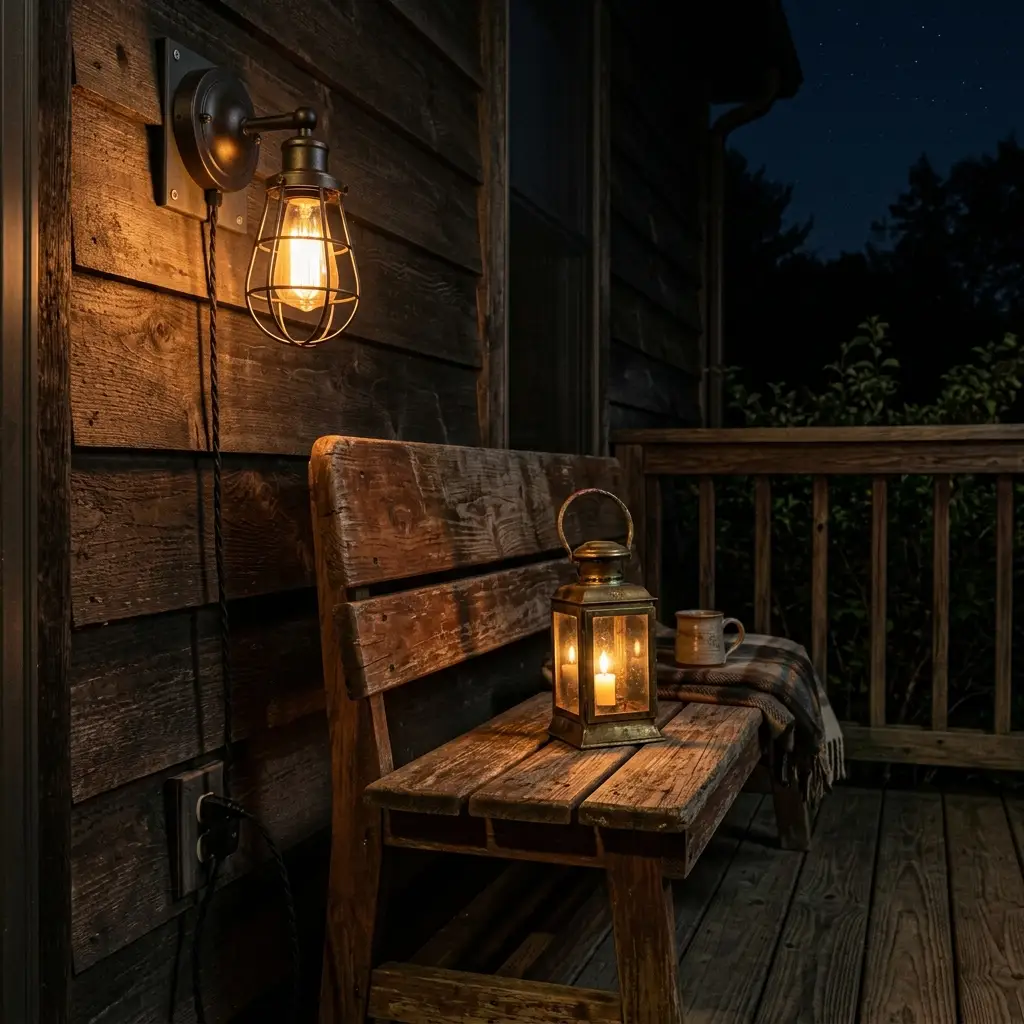 Cozy fall porch with rail string lights, a flat-weave outdoor rug, and a cushioned wooden bench