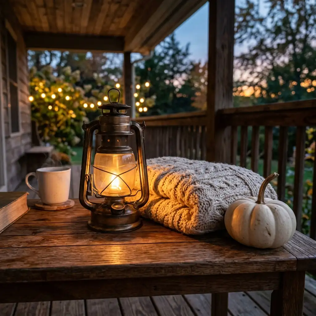 Wide view of a lit autumn porch at night with a bench, an outdoor rug, lanterns and warm-toned cushions