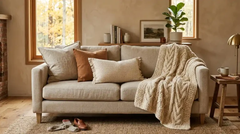 Neutral sofa layered with oatmeal linen pillows, a waffle-weave lumbar, and a chunky wool throw in autumn light