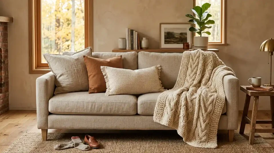 Neutral sofa layered with oatmeal linen pillows, a waffle-weave lumbar, and a chunky wool throw in autumn light