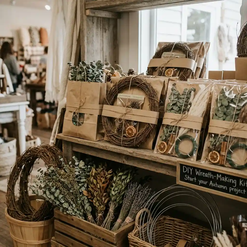 Craft store shelf display of bundled DIY wreath-making kits with bare frames and loose stems
