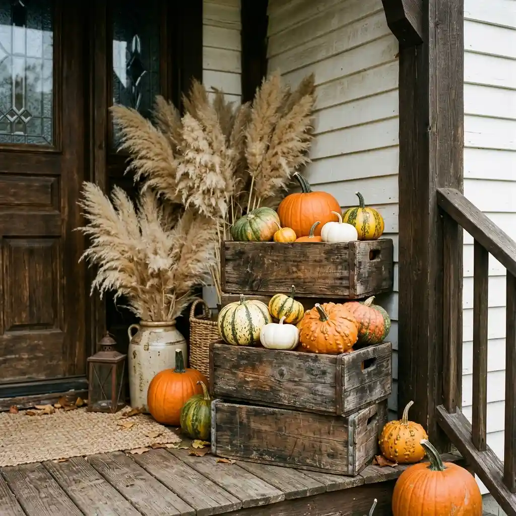 Stacked weathered wooden crates in a porch corner holding pumpkins with pampas grass bundles behind