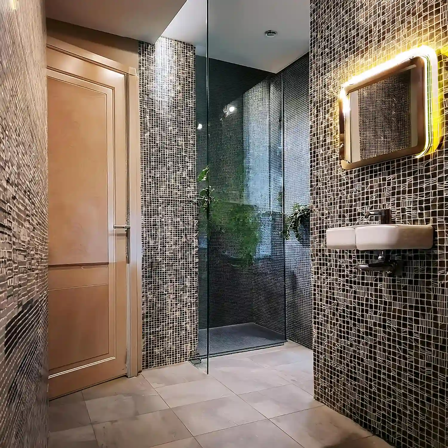 Flush step-free entry into a curbless shower with matching tile running from the bathroom floor