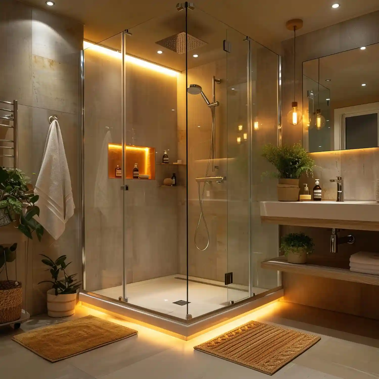 Curbless walk-in shower with a linear drain and continuous porcelain tile from floor to wall