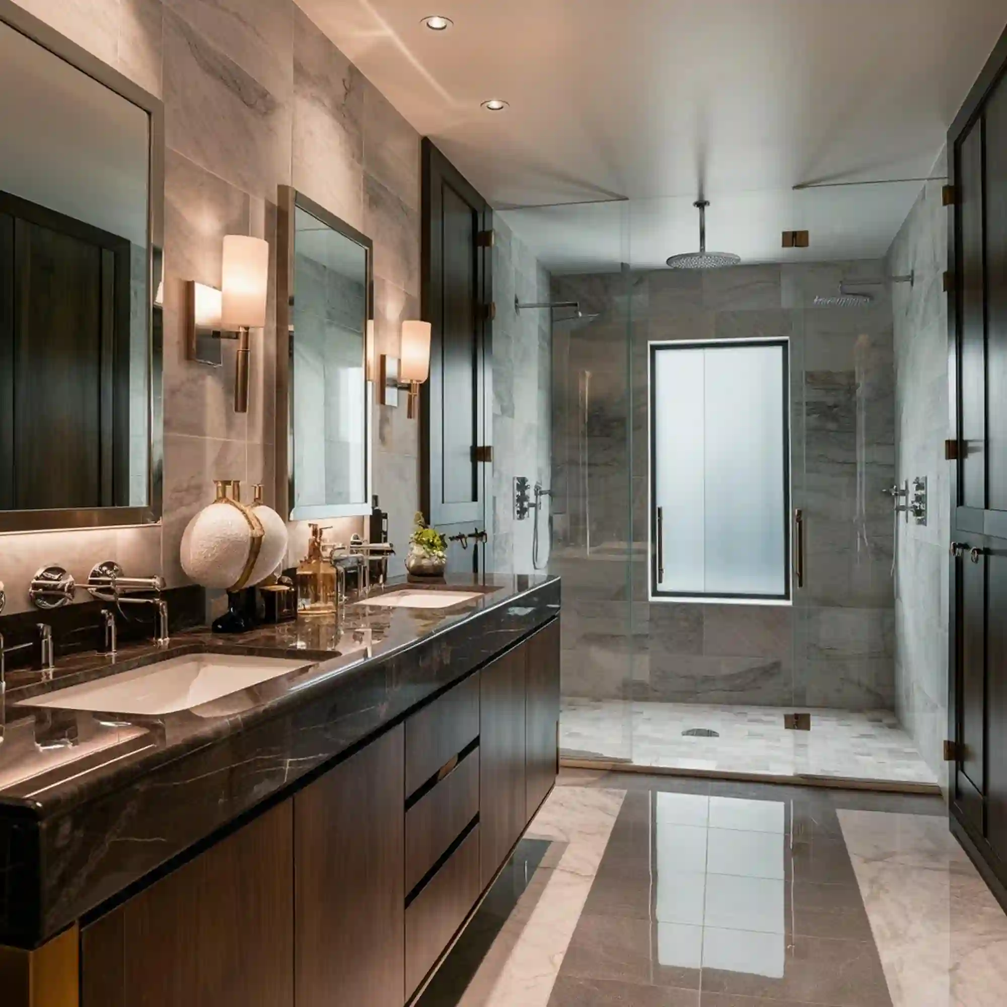 Curbless walk-in shower with a flush tile floor and no visible threshold in a small bathroom