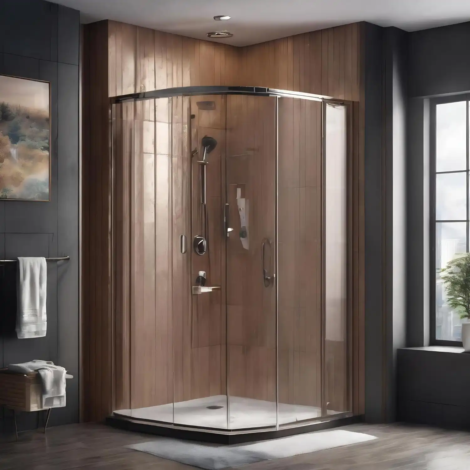 Curbless walk-in shower wet zone with the showerhead on the far wall and a clear dry entry