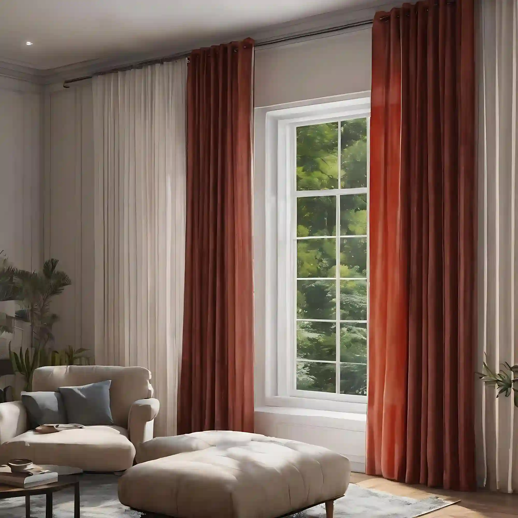 Floor-length linen curtains hung near the ceiling and wide of the window frame