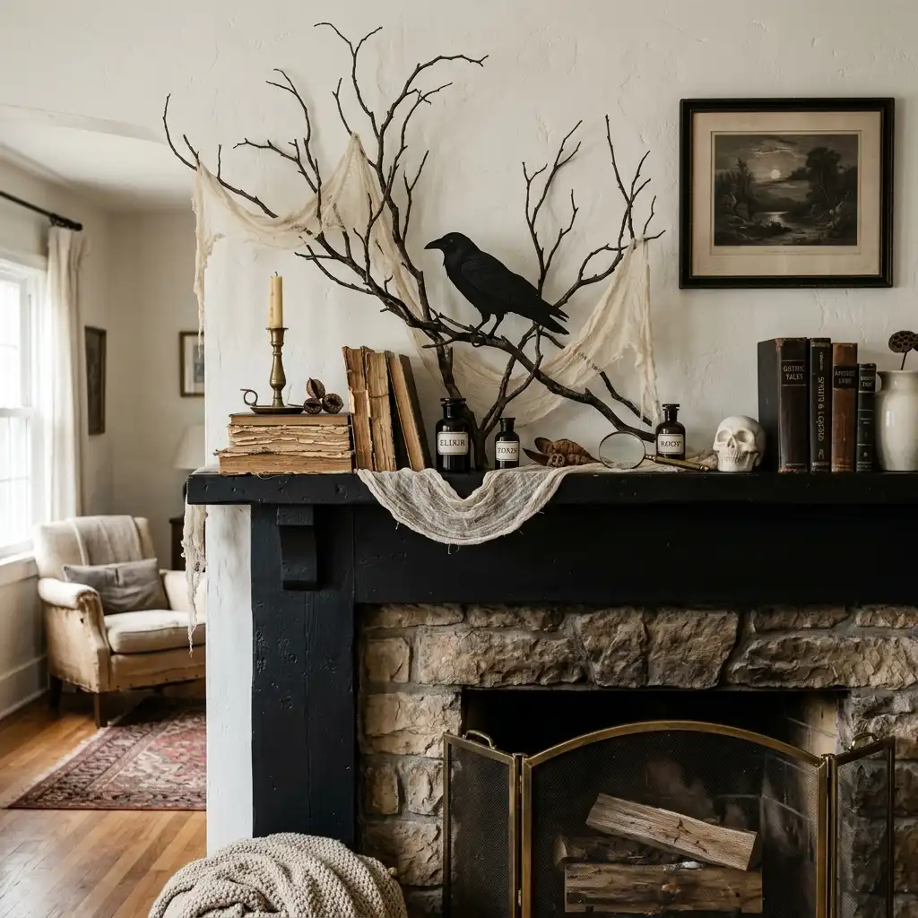 Spooky mantel in matte black and bone white with bare branches, a raven silhouette, torn cheesecloth, apothecary bottles and a skull beside a stone fireplace