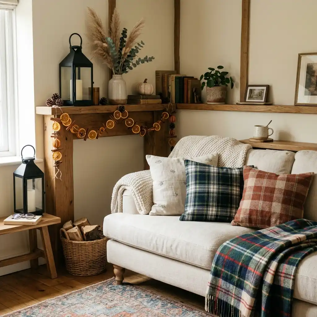 Cream cottage sofa with navy and rust plaid cushions and a tartan throw, a dried orange garland on a rustic mantel, black lanterns and pinecones