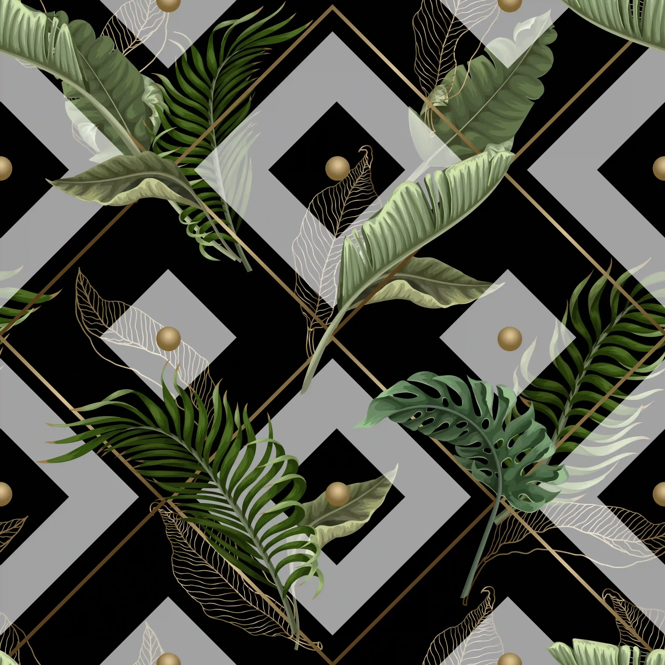 Vanity wall in oversized leaf print on a forest-green ground with brushed brass faucet and mirror
