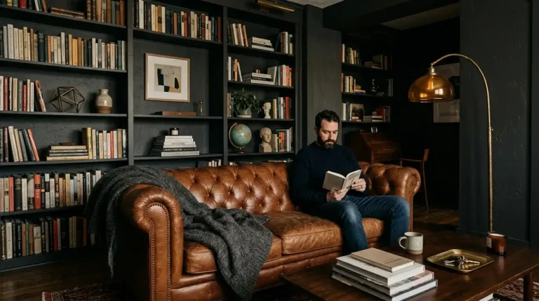 Moody man cave with charcoal walls, cognac leather sofa, brass floor lamp, and warm low lighting