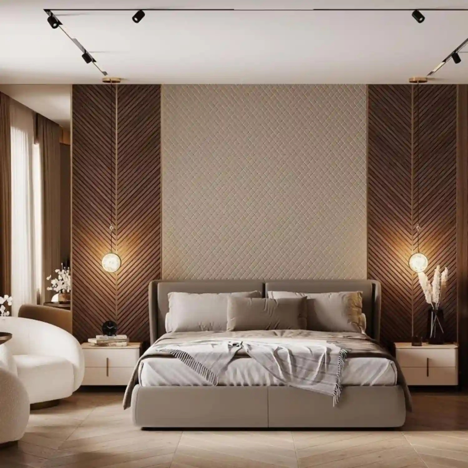 Dark walnut platform bed against warm white walls with tan linen bedding and chocolate velvet throw at foot