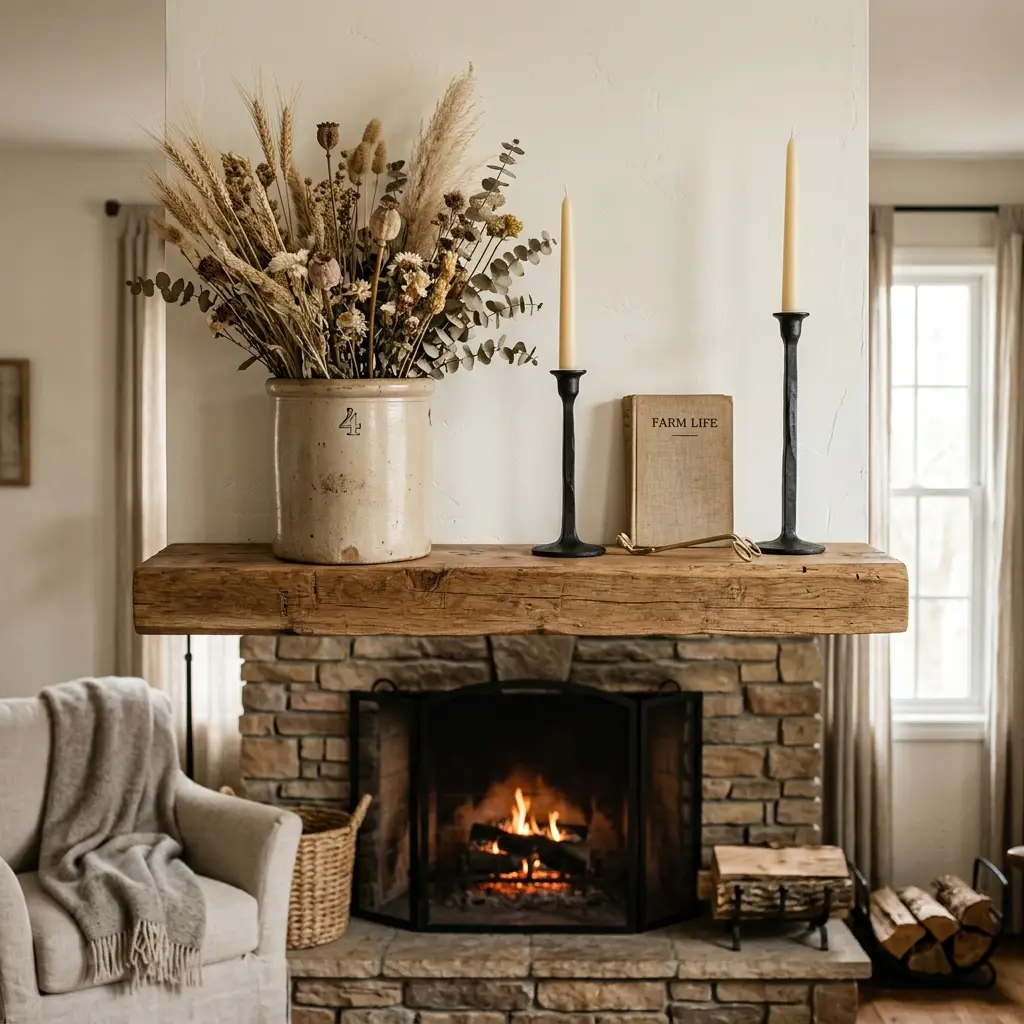 Farmhouse mantel styled with a stoneware crock, dried stems and two black iron candlesticks instead of signs