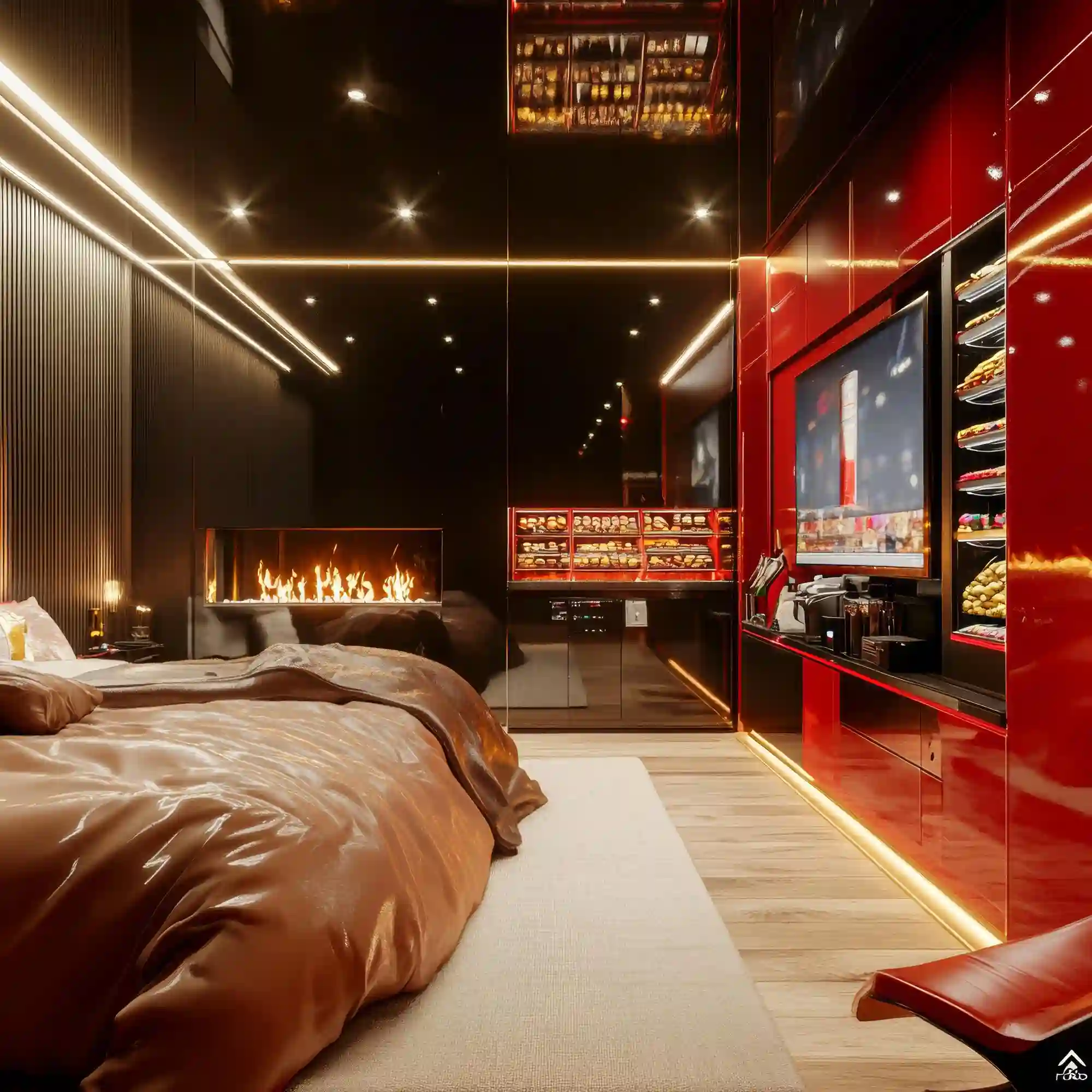 Navy sports den with cognac upholstered daybed, framed jerseys, low media cabinet, cream rug, and oak accents
