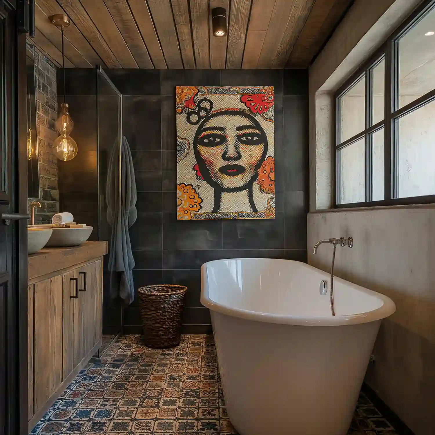 Warm modern bathroom with art above the toilet, brass sconces, and open shelving styled like a living space